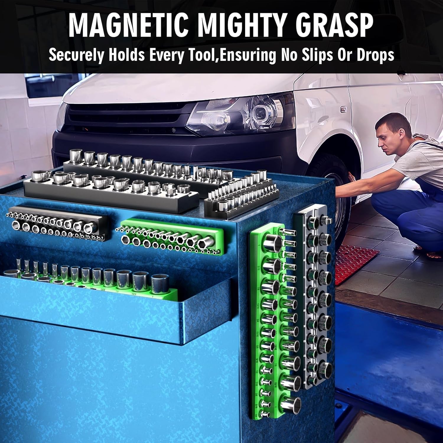 Magnetic socket organizer mounted on a steel toolbox drawer