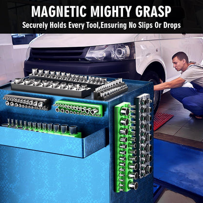 Magnetic socket organizer mounted on a steel toolbox drawer
