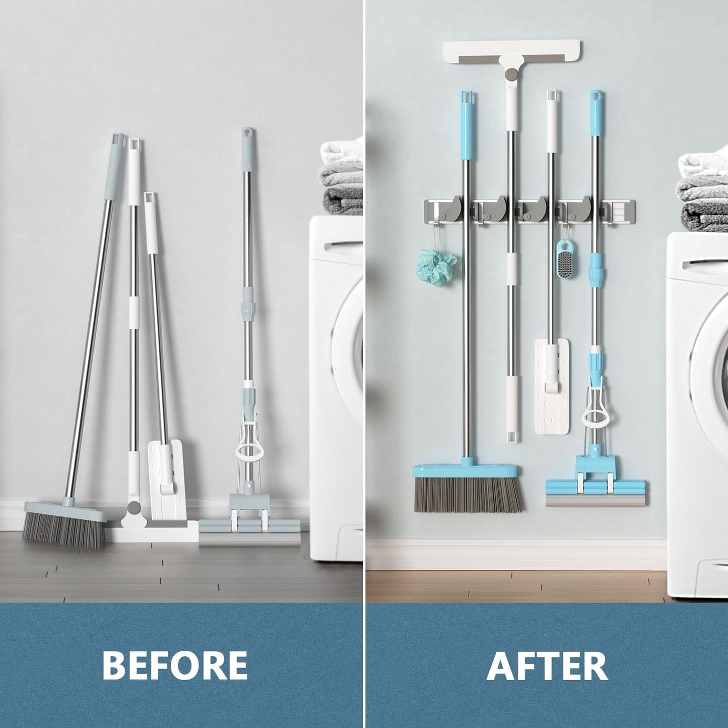 Holikme Wall Mount Mop and Broom Holder - 4 Hook Metal Organizer for Kitchen and Garden Storage, Silver