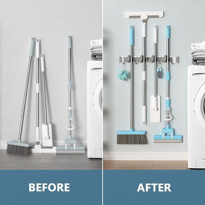 Holikme Wall Mount Mop and Broom Holder - 4 Hook Metal Organizer for Kitchen and Garden Storage, Silver