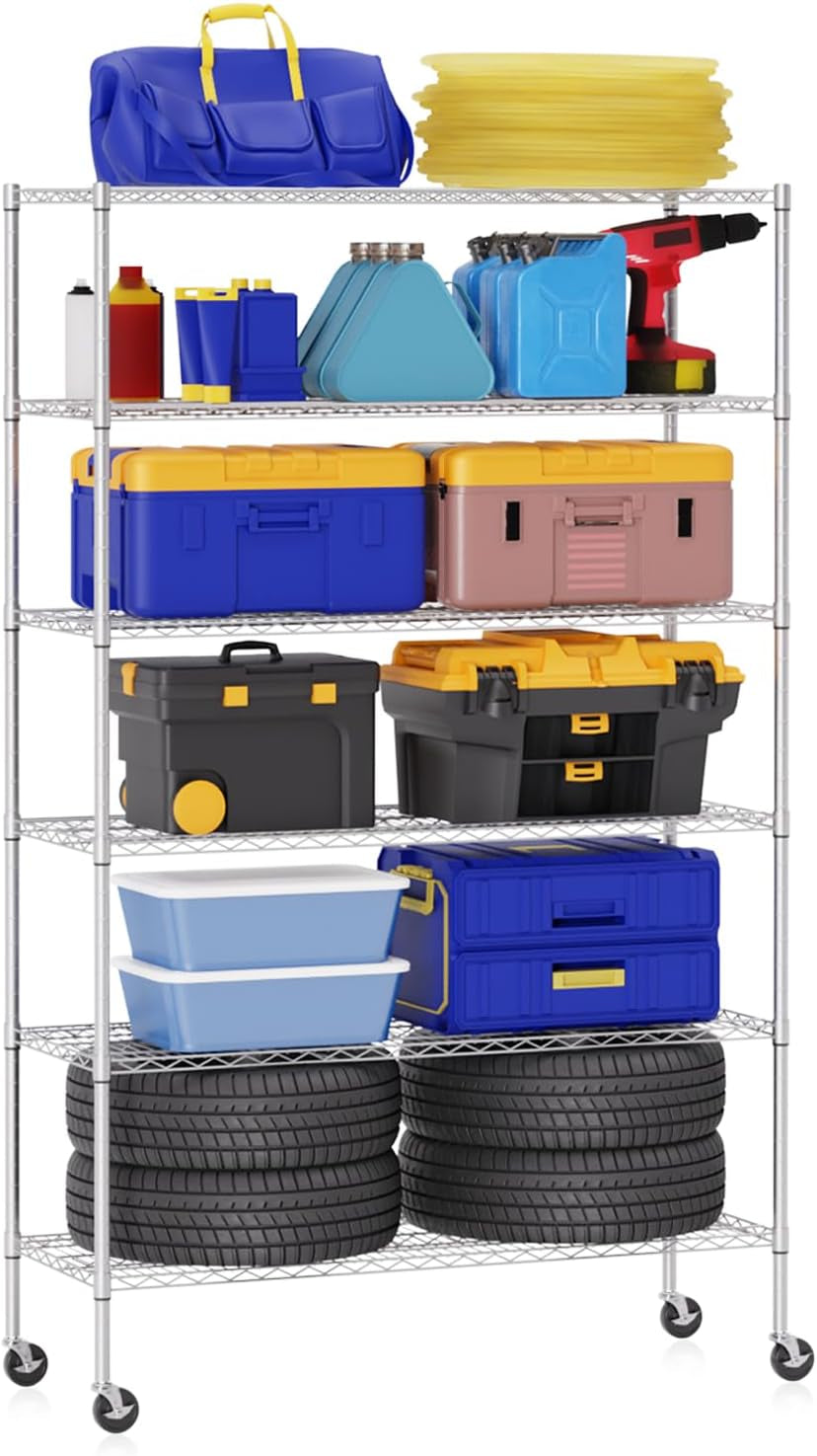 Bestoffice | 6-Tier Wire Storage Shelves with Wheels | 18X48X78 | Chrome | Adjustable Racks | Heavy-Duty Metal Shelf, Holds Upto 600 Lbs | No-Tool Assembly | Ideal for Home & Garage Shelving