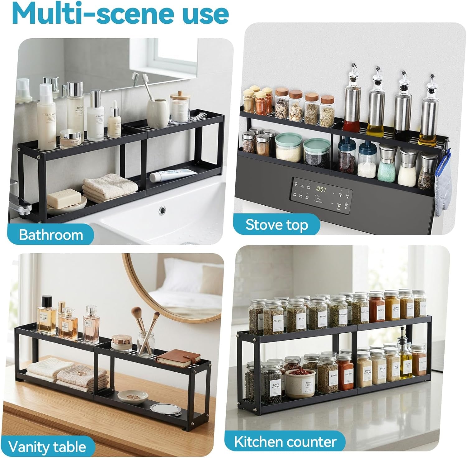 Otraki 2 Tier Strong Magnetic Oven Shelf 30 Inch Length Spice Rack over the Stove Shelf with 2 Anti-Slip Mats Seasoning & 4 Hooks Kitchen Spice Storage Organizer Black