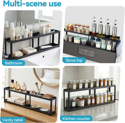 Otraki 2 Tier Strong Magnetic Oven Shelf 30 Inch Length Spice Rack over the Stove Shelf with 2 Anti-Slip Mats Seasoning & 4 Hooks Kitchen Spice Storage Organizer Black