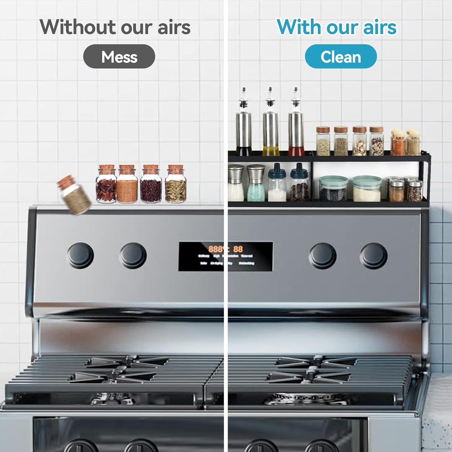Otraki 2 Tier Strong Magnetic Oven Shelf 30 Inch Length Spice Rack over the Stove Shelf with 2 Anti-Slip Mats Seasoning & 4 Hooks Kitchen Spice Storage Organizer Black