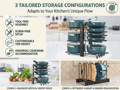 A promotional collage for a multi-tier storage rack system, showing three kitchen installation configurations with teal cookware. The top section includes marketing text and icons for tool-free assembly, screw-free setup, customizable tier height, and universal cookware accommodation.