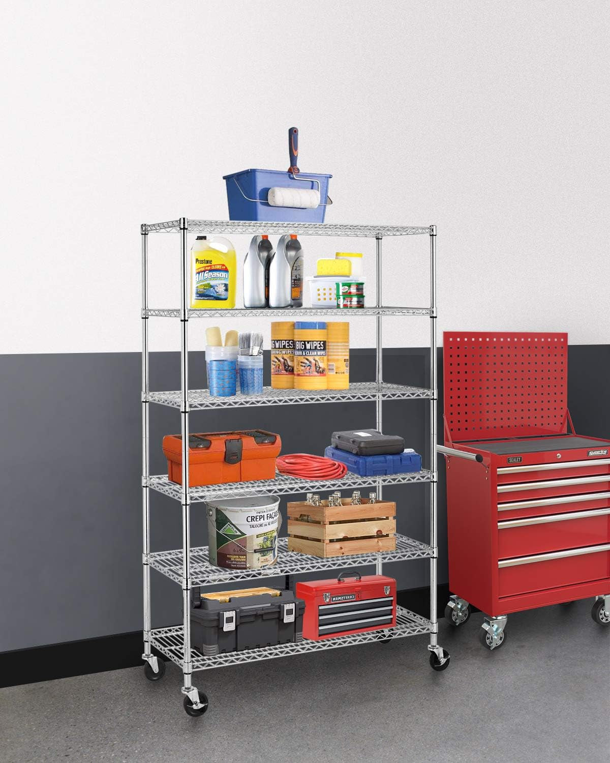 Bestoffice | 6-Tier Wire Storage Shelves with Wheels | 18X48X78 | Chrome | Adjustable Racks | Heavy-Duty Metal Shelf, Holds Upto 600 Lbs | No-Tool Assembly | Ideal for Home & Garage Shelving