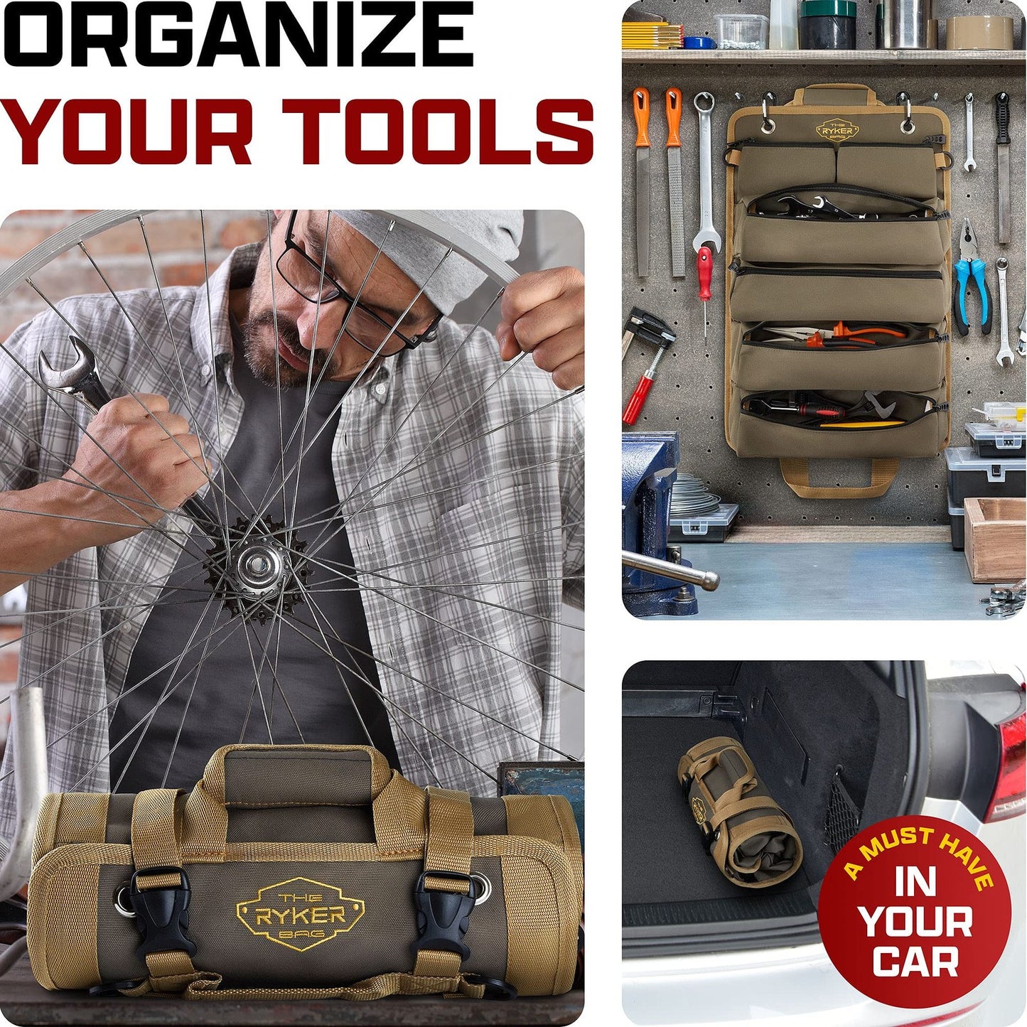 The Ryker Roll up Tool Bag Organizer Gifts for Dad. Heavy Duty Motorcy