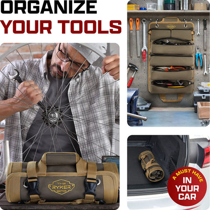 The Ryker Roll up Tool Bag Organizer Gifts for Dad. Heavy Duty Motorcy