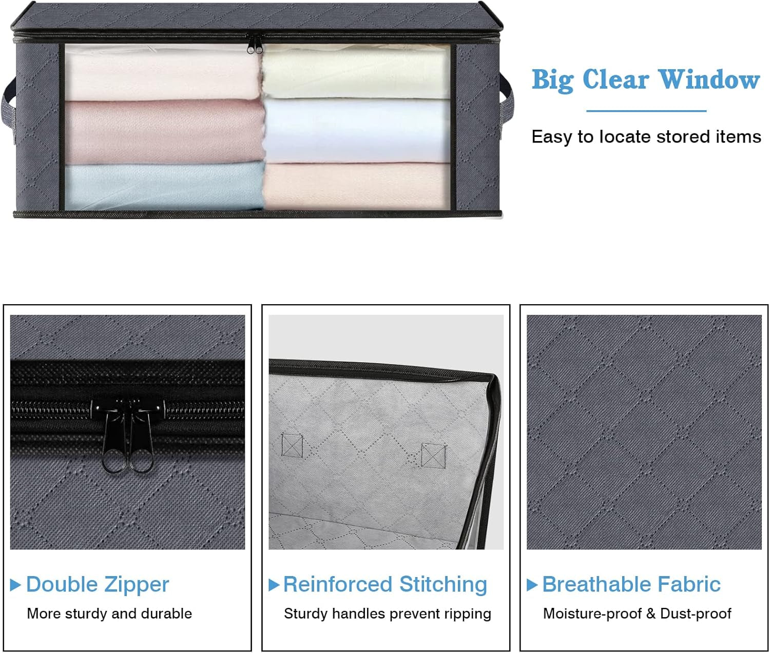 Homehacks Storage 3-Pack Clothes Organizer Storage Bags Foldable Storage Box with Large Clear Window Sturdy Handles for Closet, Dorm, Pillows, Bedding, Clothes, Blankets, 35L, Gray