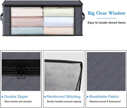 Homehacks Storage 3-Pack Clothes Organizer Storage Bags Foldable Storage Box with Large Clear Window Sturdy Handles for Closet, Dorm, Pillows, Bedding, Clothes, Blankets, 35L, Gray