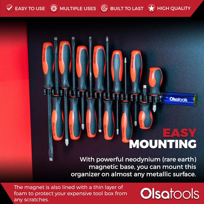 Olsa Tools Magnetic Screwdriver Organizer - Screwdriver Holder with Strong Magnets and Foam Backing - Professional Tool Holder and Tool Organizer - Stores up to 16 Screwdrivers - Blue - Part: 1114