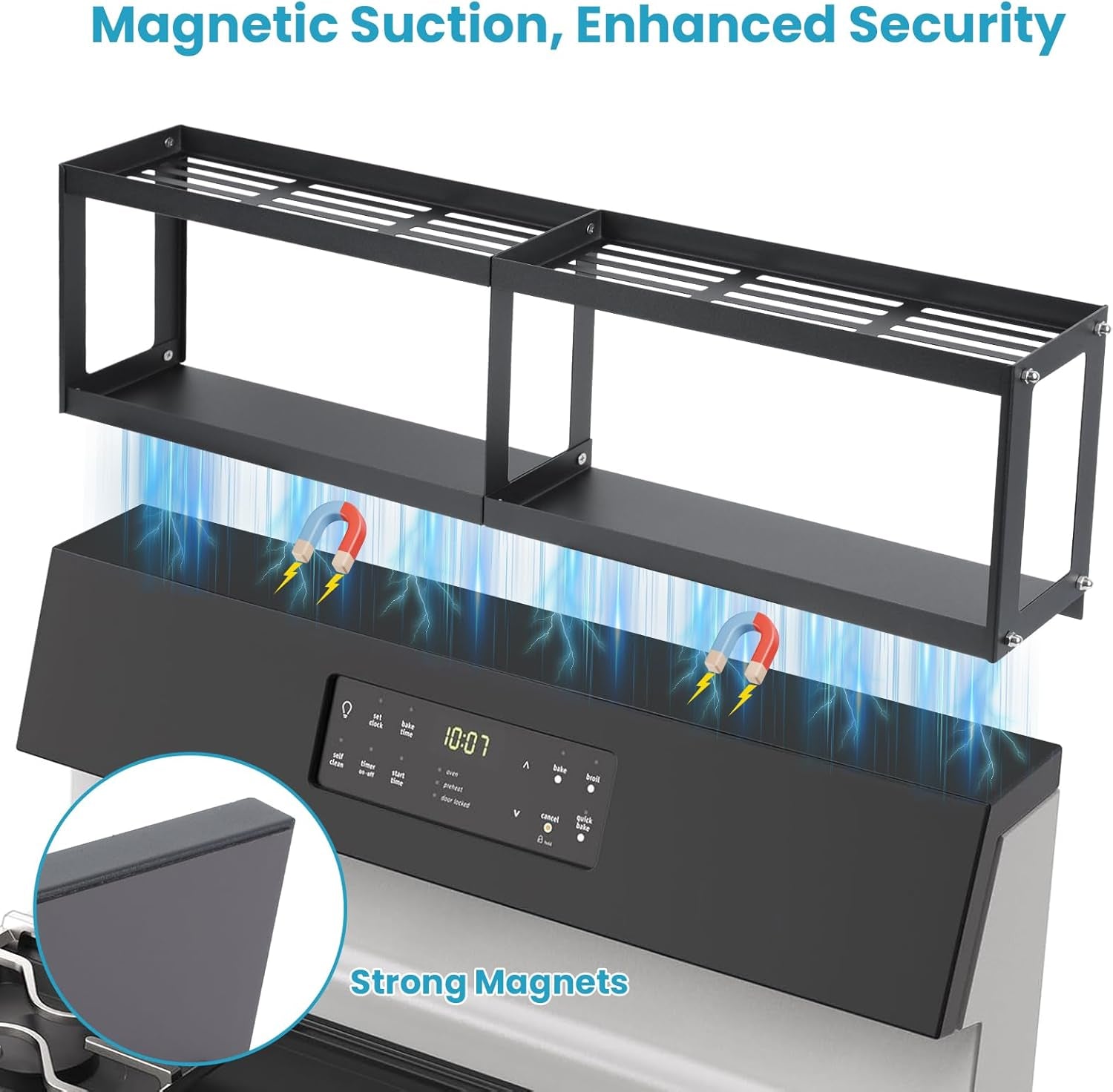 Otraki 2 Tier Strong Magnetic Oven Shelf 30 Inch Length Spice Rack over the Stove Shelf with 2 Anti-Slip Mats Seasoning & 4 Hooks Kitchen Spice Storage Organizer Black