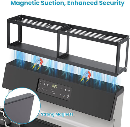 Otraki 2 Tier Strong Magnetic Oven Shelf 30 Inch Length Spice Rack over the Stove Shelf with 2 Anti-Slip Mats Seasoning & 4 Hooks Kitchen Spice Storage Organizer Black