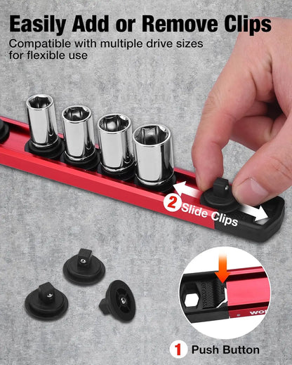 Magnetic Socket Organizer, 1/4" Drive Aluminum Alloy Socket Holder with 12PC Removable Socket Clips for Quick Customization, Socket Rail for Tool Box Drawer (Sockets Not Included)