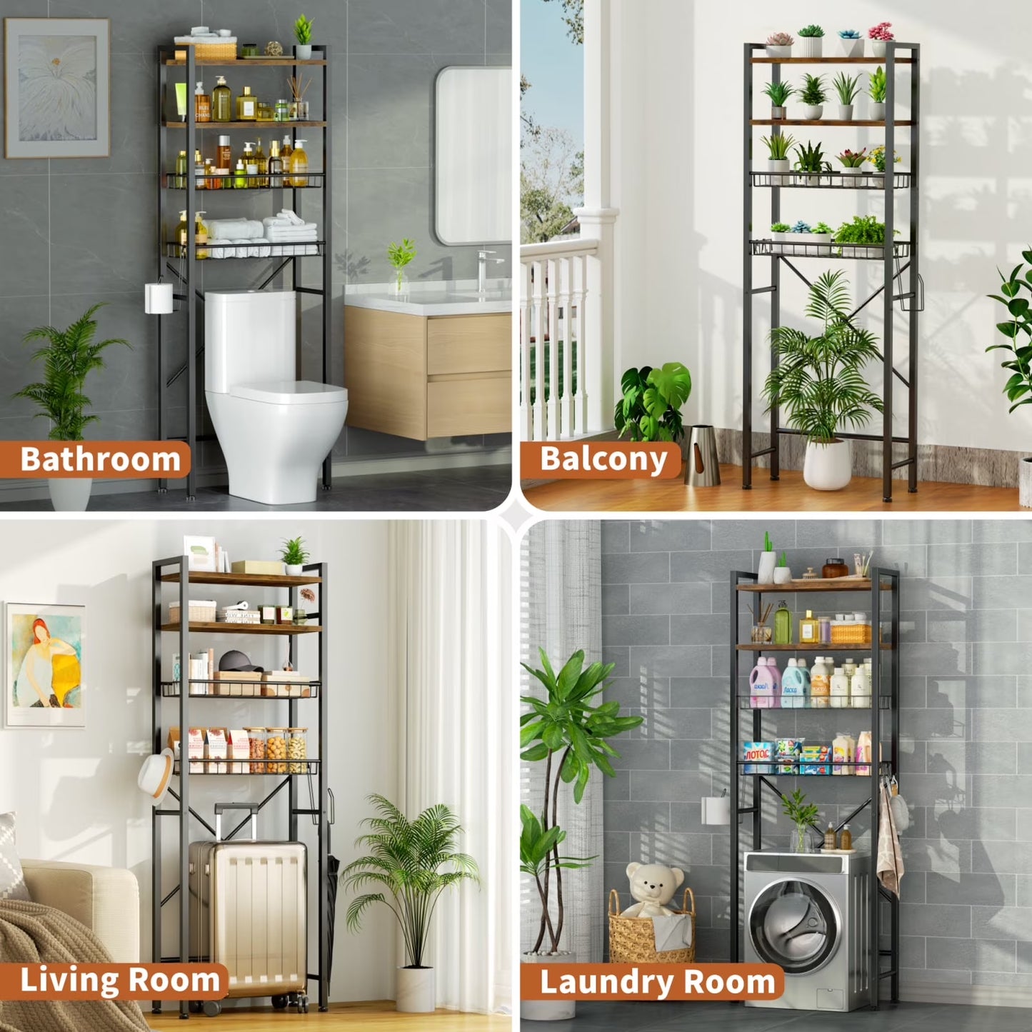 Capri 4-Tier Over-The-Toilet Storage Shelf, Bathroom Organizer Shelf over Toilet, Freestanding Space Saver Rack with Adjustable Shelf and Basket, Rustic Brown