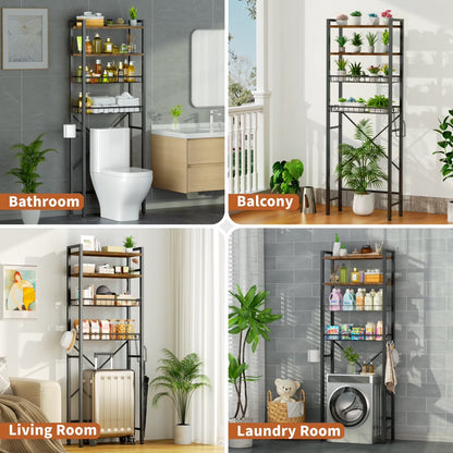 Capri 4-Tier Over-The-Toilet Storage Shelf, Bathroom Organizer Shelf over Toilet, Freestanding Space Saver Rack with Adjustable Shelf and Basket, Rustic Brown