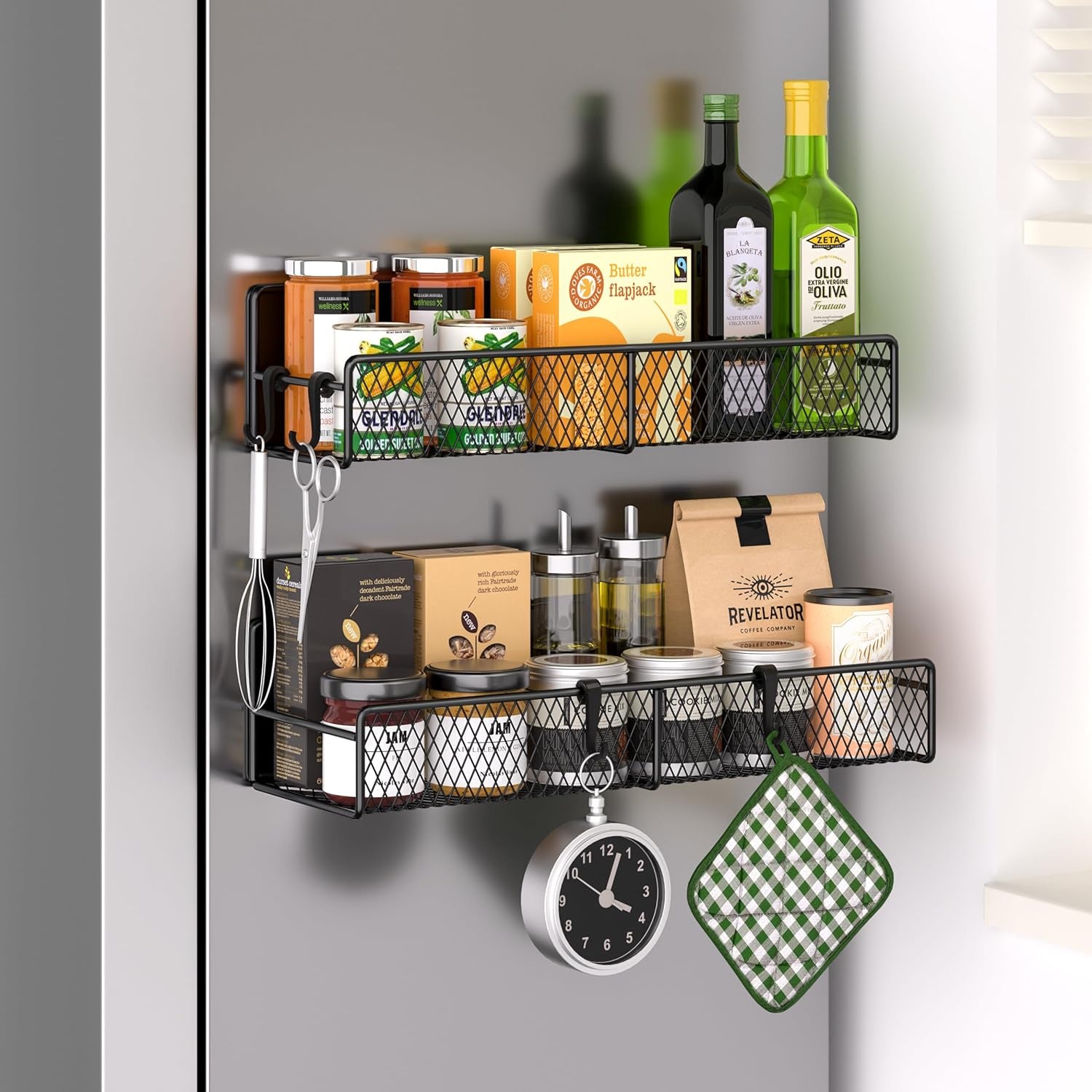 Magnetic spice rack shelf shown next to a stove