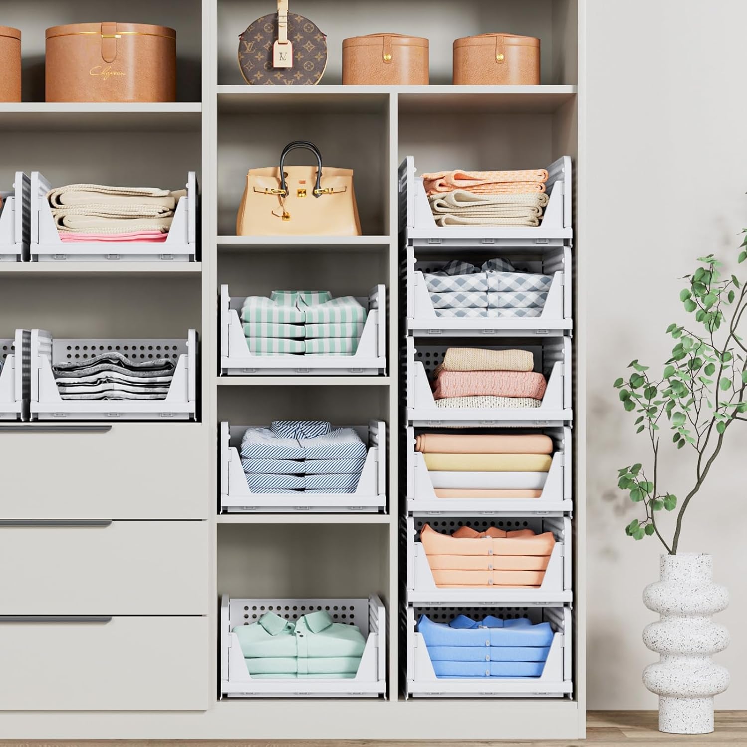 Caktraie 4 Pack Stackable Closet Storage Basket - Stackable Storage Bins, Multifunctional & Foldable Closet Organizer Divided, Wardrobe Cupboard Space-Saving Clothes Storage Hat Organizer, White