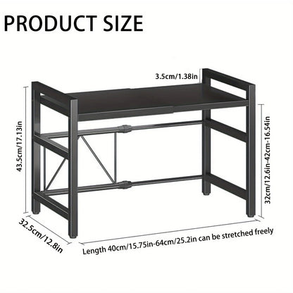 Expandable Microwave Shelf, Microwave Holder with 6 Hooks, Kitchen Storage Rack, Microwave Baking Rack, Extendable 40-64Cm