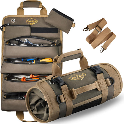 The Ryker Roll up Tool Bag Organizer Gifts for Dad. Heavy Duty Motorcycle Tool Roll Bag Organizer. Portable Rollup Toolbag W/Detachable Pouches - Tools Bags Mens Gifts for Him - Mechanic & Electrician
