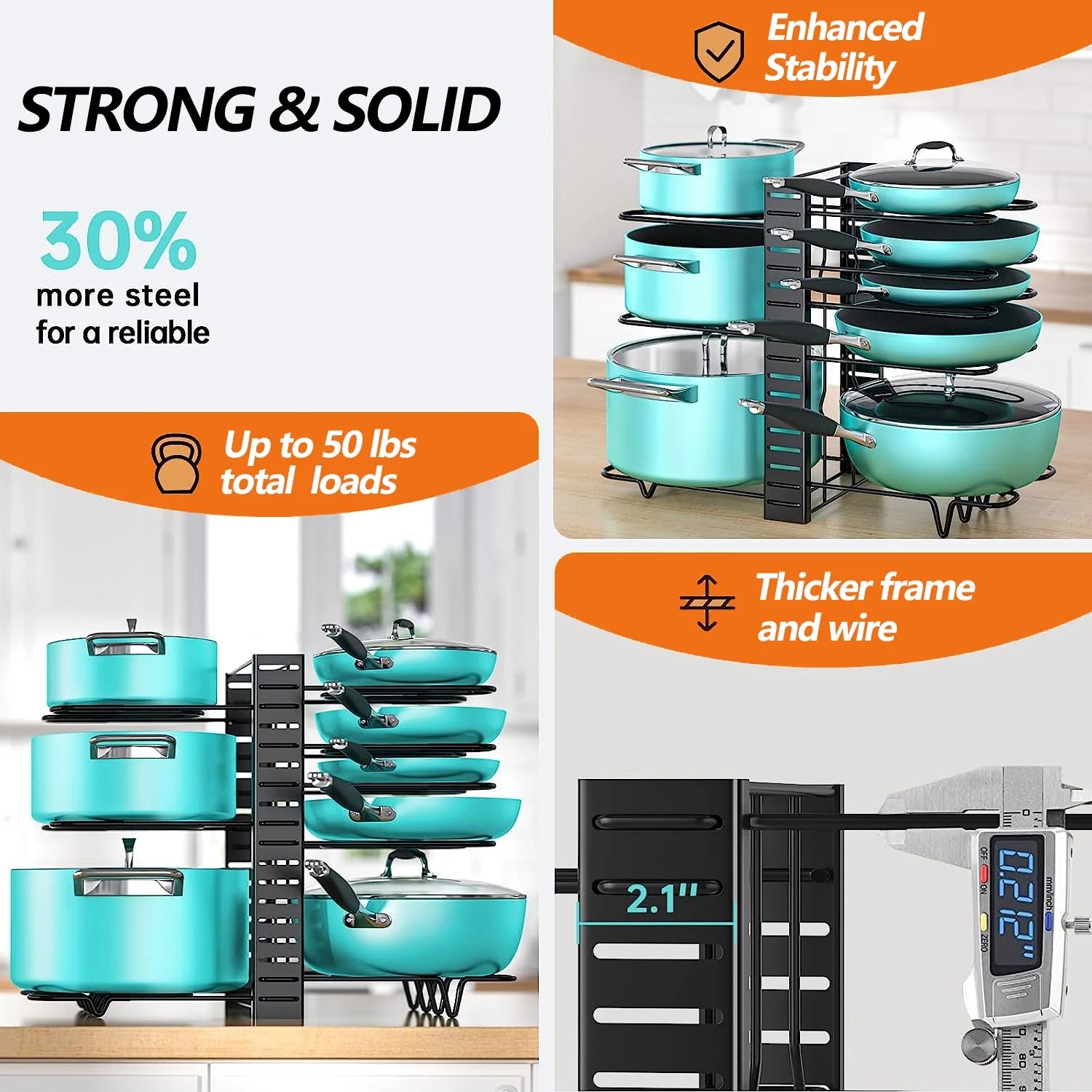 Maximize Your Kitchen Space with PHANCIR 8-Tier Adjustable Pots and Pans Organizer Rack - Heavy Duty Metal Design with Anti-Slip Silicone Pad!
