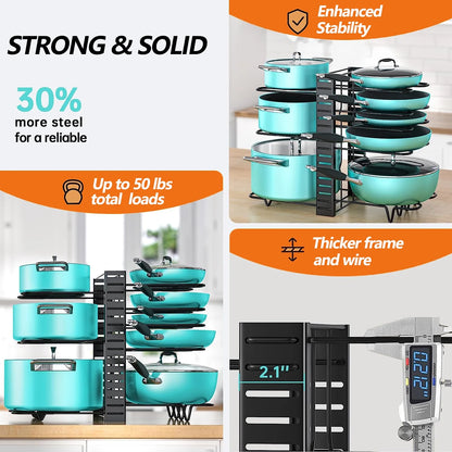 Maximize Your Kitchen Space with PHANCIR 8-Tier Adjustable Pots and Pans Organizer Rack - Heavy Duty Metal Design with Anti-Slip Silicone Pad!