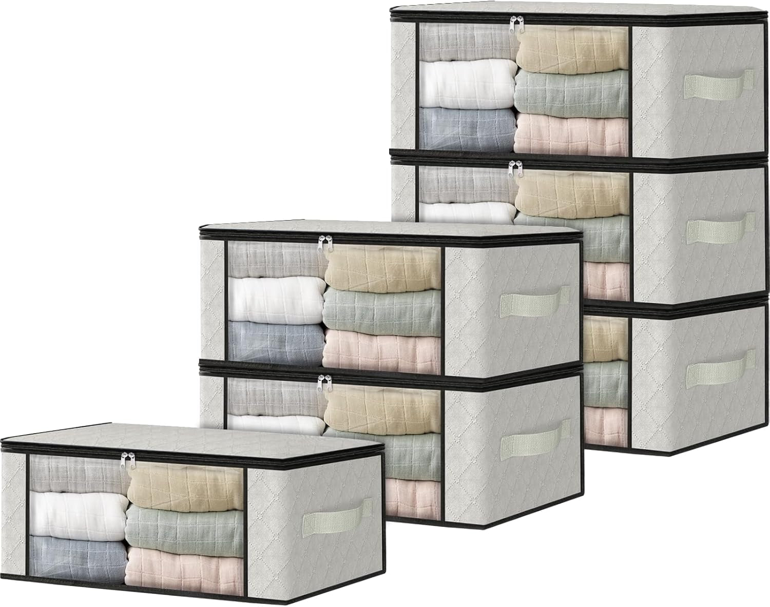 Homehacks Storage 3-Pack Clothes Organizer Storage Bags Foldable Storage Box with Large Clear Window Sturdy Handles for Closet, Dorm, Pillows, Bedding, Clothes, Blankets, 35L, Gray
