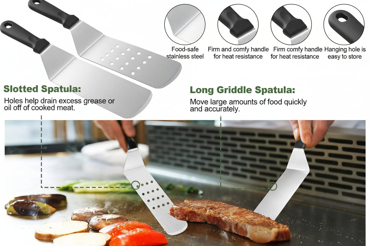Two spatulas being used on a grill with text describing their features and uses.