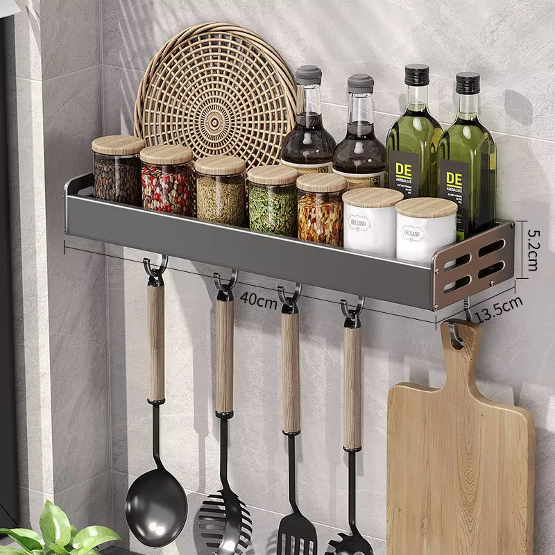 Wall Mount Utensil Holder Multifunctional Spice Organizer Shelf with Hooks Kitchen Hanging Storage Wall Shelf