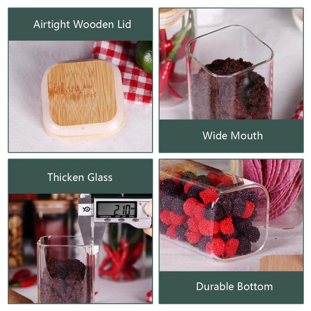 Set of 10 Premium 8Oz Clear Glass Spice Jars with Bamboo Airtight Lids and Labels - Stylish Square Food Storage Canisters