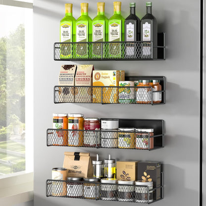 Magnetic spice rack shelf holding foil and wrap rolls