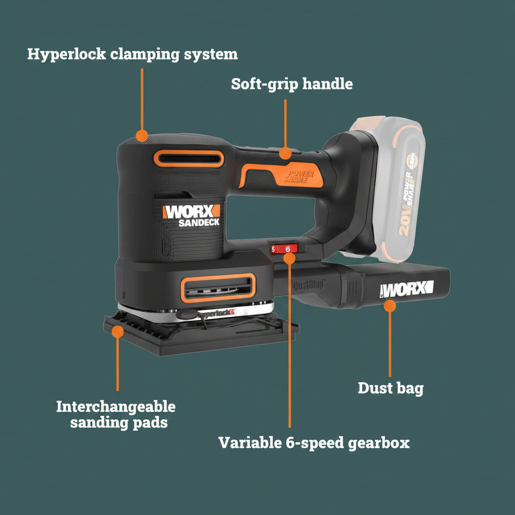 sanding tool with labeled features on a white background