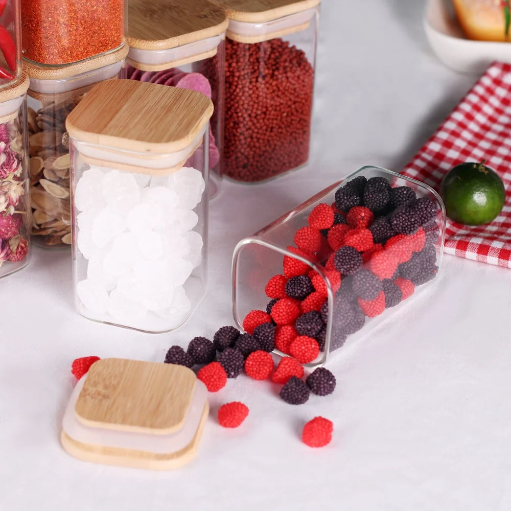 Set of 10 Premium 8Oz Clear Glass Spice Jars with Bamboo Airtight Lids and Labels - Stylish Square Food Storage Canisters
