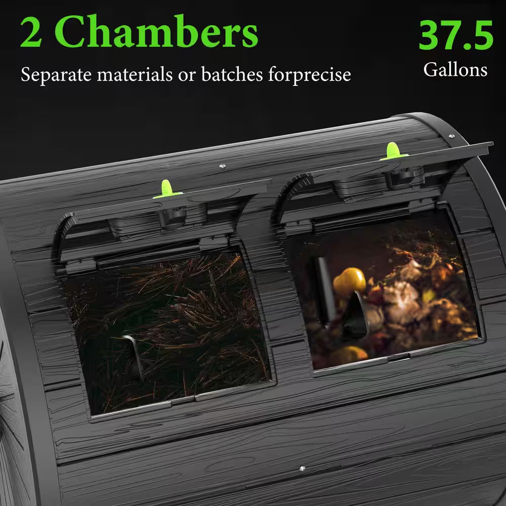 Compost Bin 37.5 Gal. Ual Chamber Composting Tumbler Large Tumbling Composter with 2 Doors and Frame