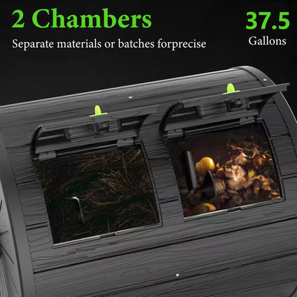 Compost Bin 37.5 Gal. Ual Chamber Composting Tumbler Large Tumbling Composter with 2 Doors and Frame