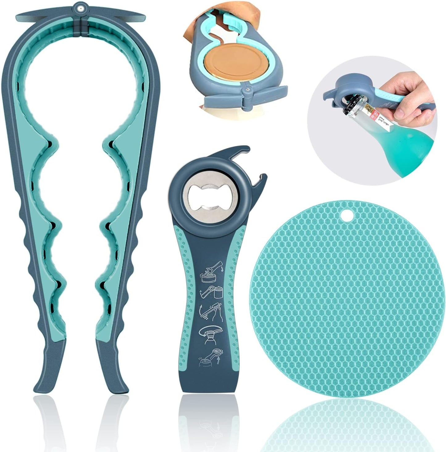 5-in-1 jar and bottle opener set, all three pieces