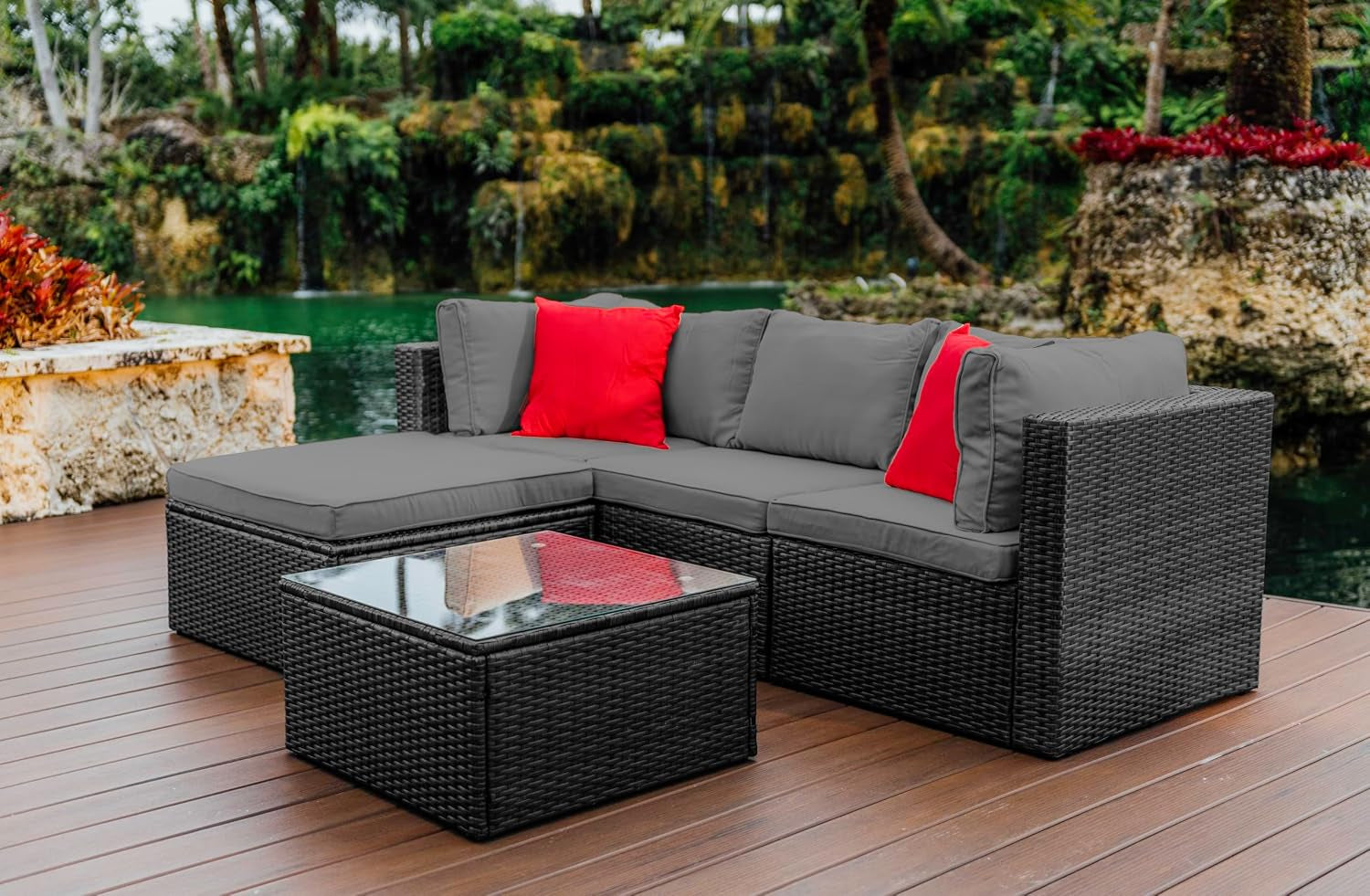 Nestl Outdoor Sectional Patio Furniture Set – 5 Piece Outdoor Patio Furniture Set with Outdoor Couch and Sectional Seating - Black with off White Cushions, Standard