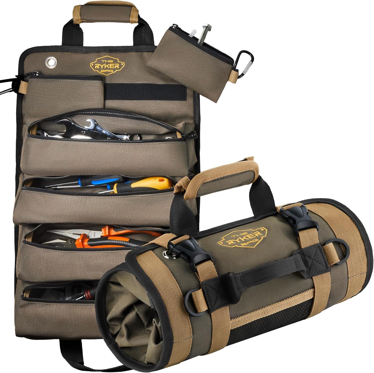 The Ryker Roll up Tool Bag Organizer Gifts for Dad. Heavy Duty Motorcycle Tool Roll Bag Organizer. Portable Rollup Toolbag W/Detachable Pouches - Tools Bags Mens Gifts for Him - Mechanic & Electrician