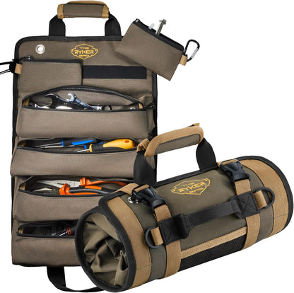 The Ryker Roll up Tool Bag Organizer Gifts for Dad. Heavy Duty Motorcycle Tool Roll Bag Organizer. Portable Rollup Toolbag W/Detachable Pouches - Tools Bags Mens Gifts for Him - Mechanic & Electrician
