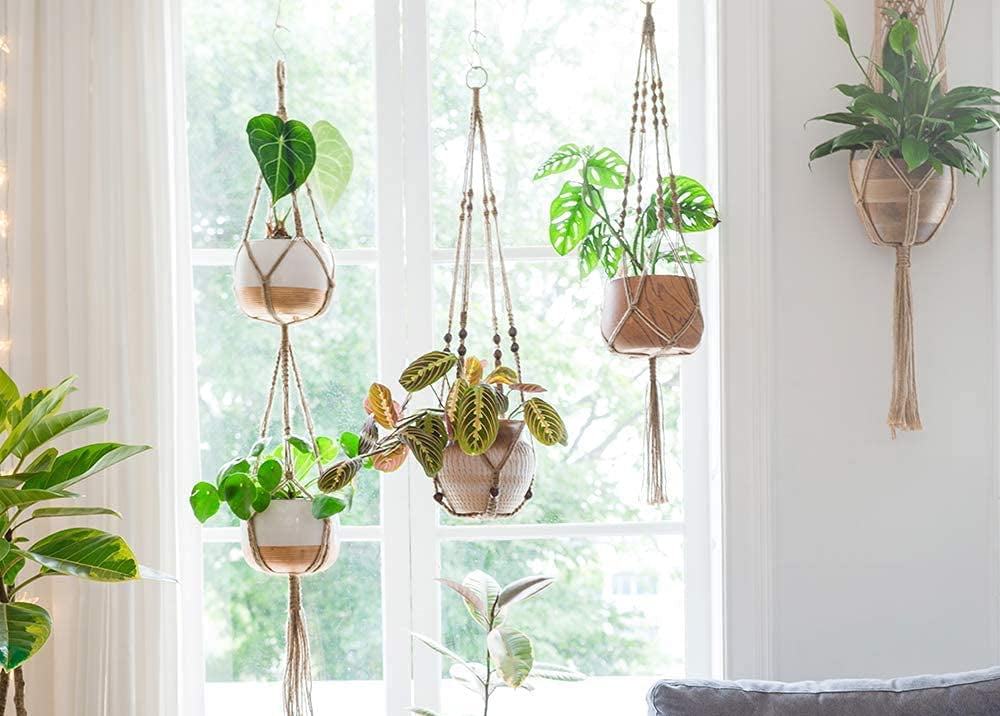 Set of 2 Macrame Plant Hangers - 40 Inch Decorative Jute Rope Indoor/Outdoor Flower Pot Holders with 4 Legs, Brown