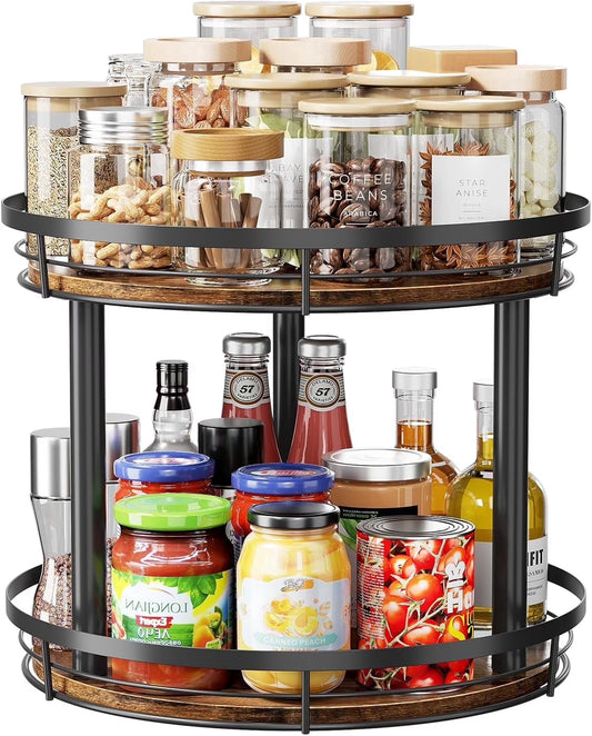 12" Lazy Susans Turntable Organizer 2 Tier for Cabinet Pantry Kitchen Countertop Refrigerator Cupboard, Carbonized Wood Black