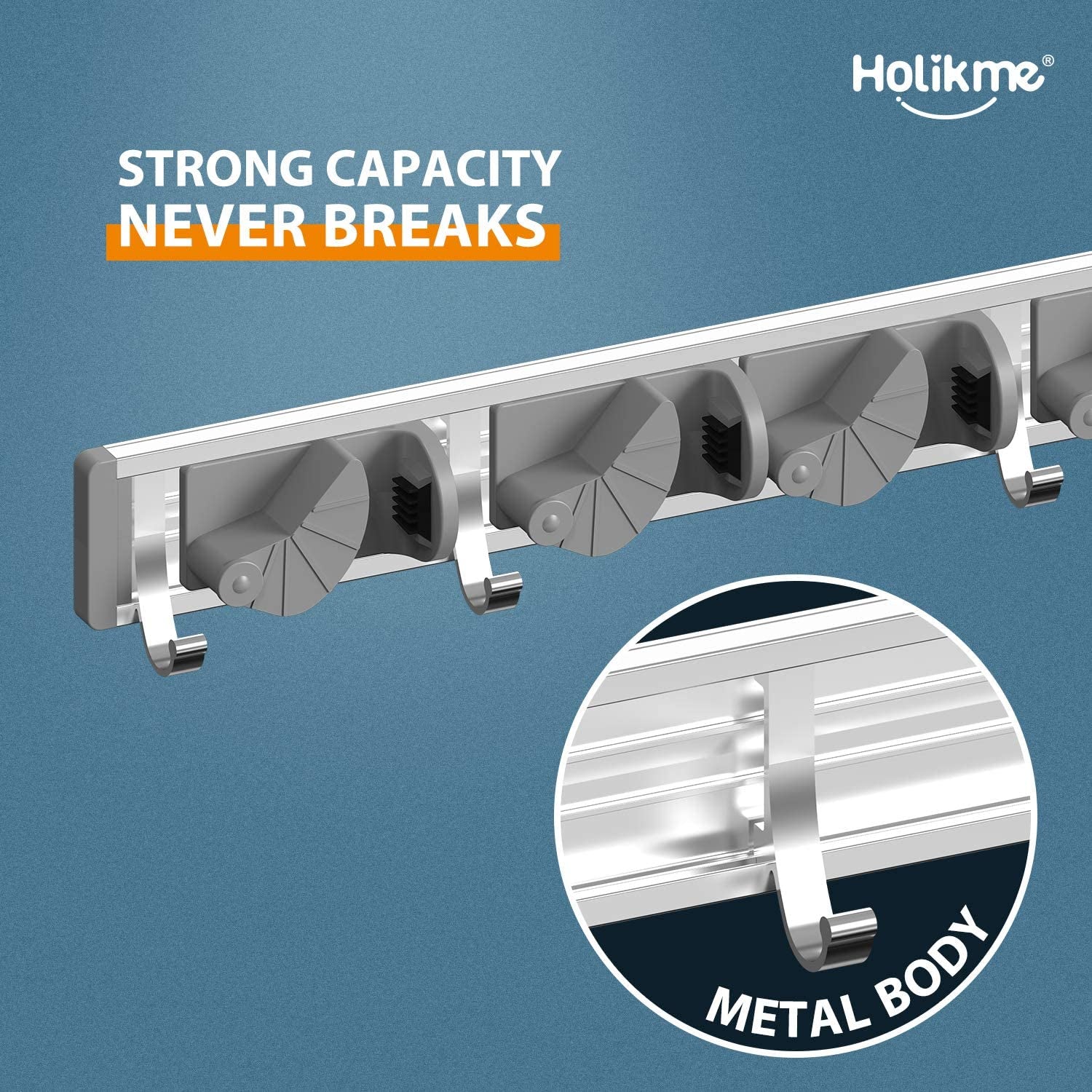 Holikme Wall Mount Mop and Broom Holder - 4 Hook Metal Organizer for Kitchen and Garden Storage, Silver
