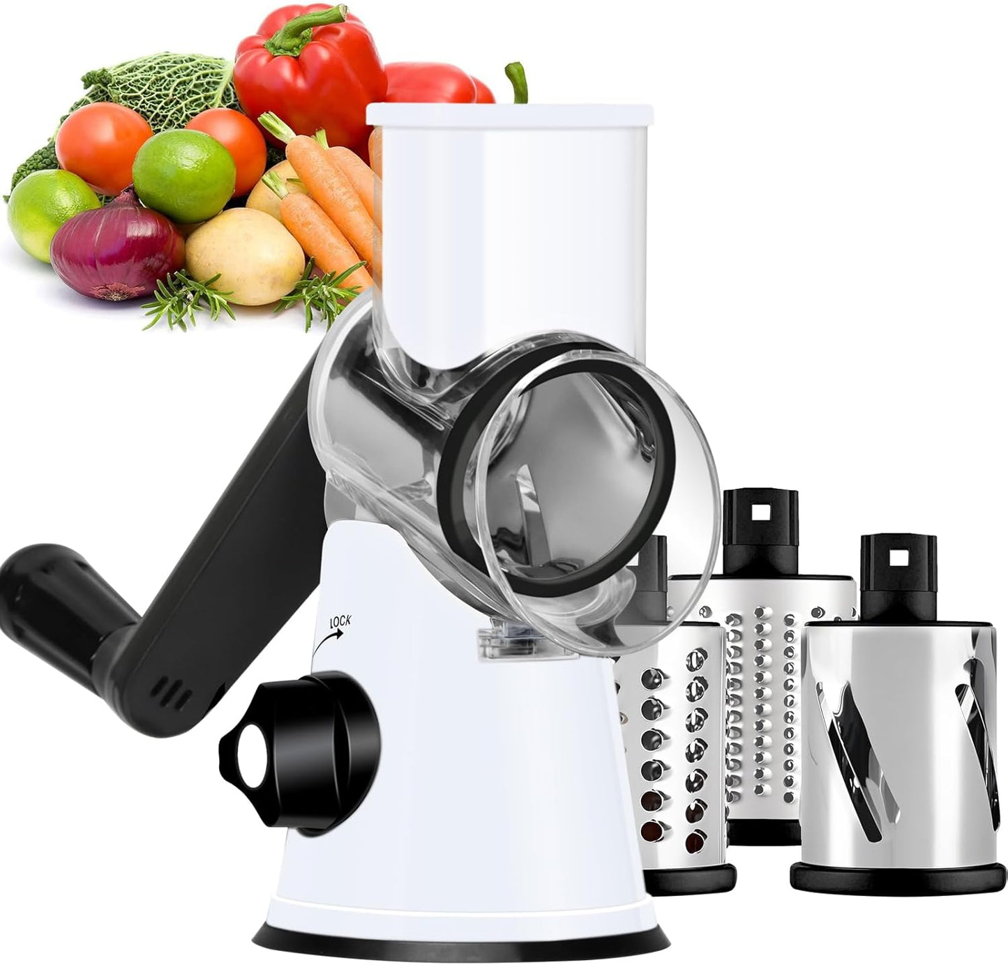 Ourokhome Rotary Cheese Grater Hand Crank, Kitchen Shredder Speed Mandolin Slicer Nut Grinder with Handle and Drum Blades for Cheese, Vegetable, Walnut, Chocolate, Potato, Carrot, 3 Blades, Green