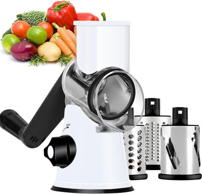 Ourokhome Rotary Cheese Grater Hand Crank, Kitchen Shredder Speed Mandolin Slicer Nut Grinder with Handle and Drum Blades for Cheese, Vegetable, Walnut, Chocolate, Potato, Carrot, 3 Blades, Green