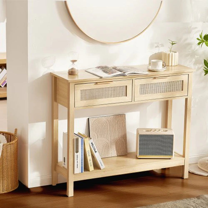 Rattan Console Table with 2 Storage Drawers, Rattan Entryway Table with Natural Rattan Sliding Door, Console Sofa Table for Living Room, Study, Entryway or TV Wall, Natural