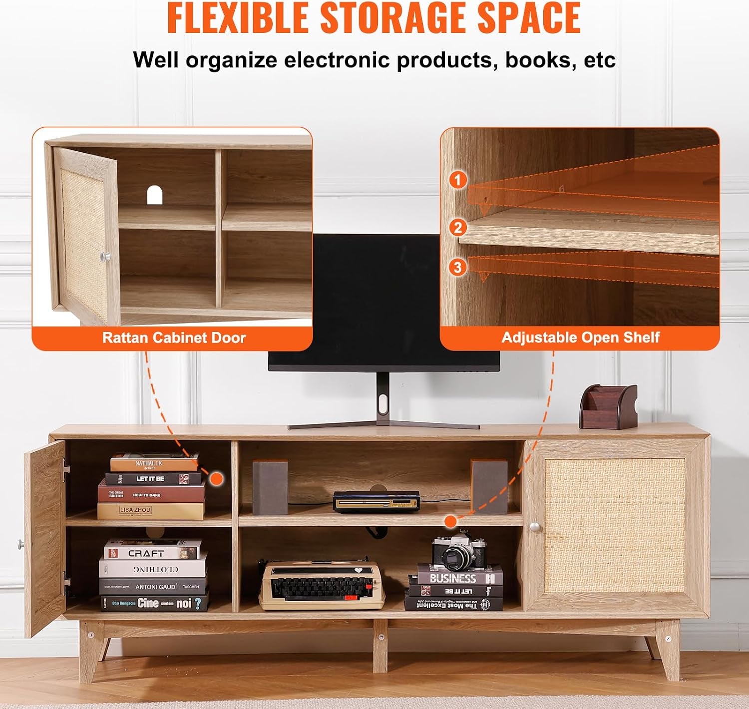 VEVOR Rattan TV Stand, Mid Century Modern TV Stand for 75 Inch TV, Boho Rattan TV Cabinet with Build-In Socket and USB Ports, Adjustable Shelfs for Living Room, Media Room, Oak