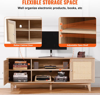 VEVOR Rattan TV Stand, Mid Century Modern TV Stand for 75 Inch TV, Boho Rattan TV Cabinet with Build-In Socket and USB Ports, Adjustable Shelfs for Living Room, Media Room, Oak