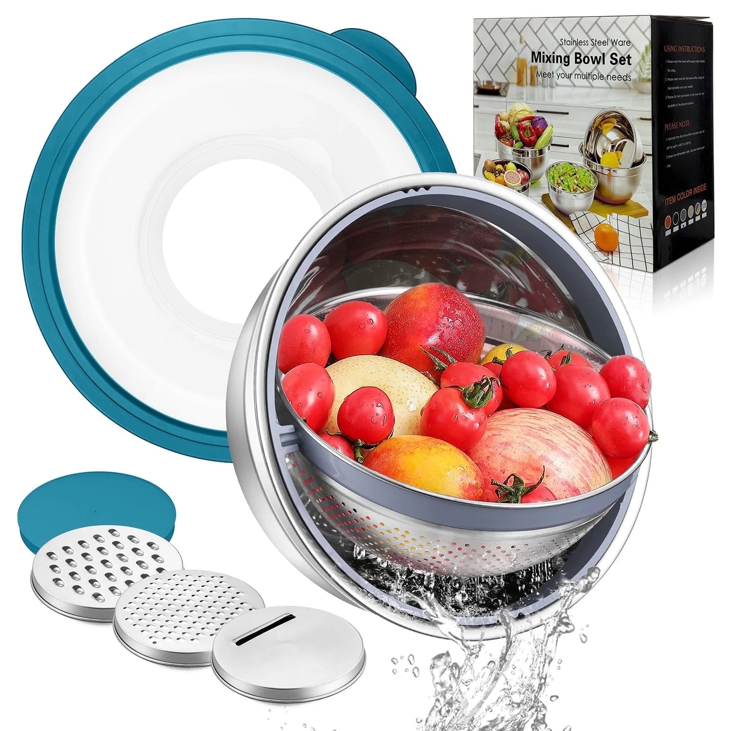 Vesteel Mixing Bowls with Lids Set of 7, Stainless Steel Nesting Bowls with Colander and 3 Graters for Draining Prepping Slicing, Nonslip Bottoms & Airtight Lid, Size 4.6, 2.6, 1.5 Qt, Blue