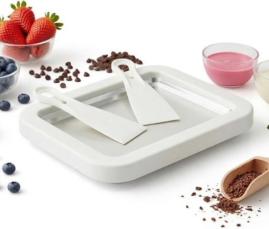 At-Home Rolled Ice Cream Maker - Magic Instant Freeze Pan for DIY Soft Serve & Frozen Yogurt. Easy-To-Use Ice Cream Rolling Tray with Spatulas. Ideal Summer Gift & Kitchen Activity for Kids (White)