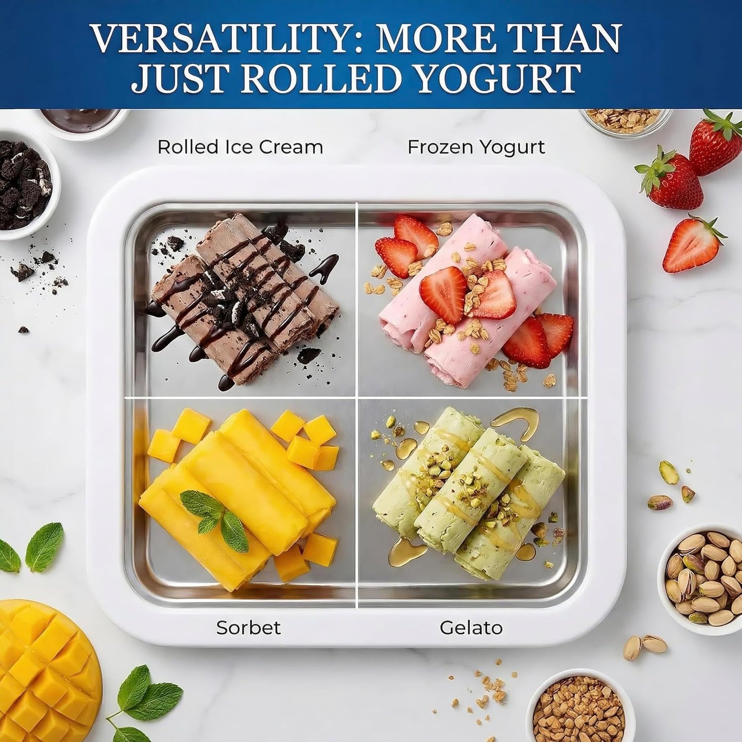At-Home Rolled Ice Cream Maker - Magic Instant Freeze Pan for DIY Soft Serve & Frozen Yogurt. Easy-To-Use Ice Cream Rolling Tray with Spatulas. Ideal Summer Gift & Kitchen Activity for Kids (White)